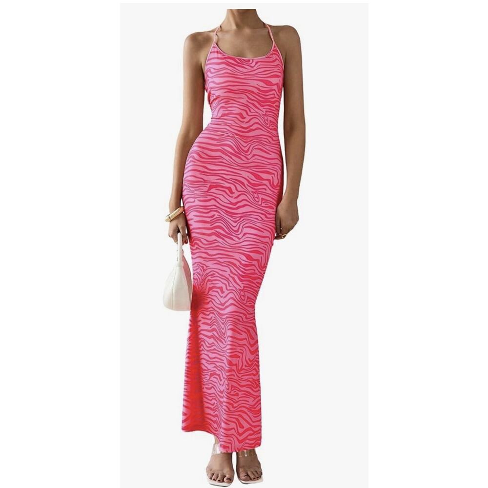 PRETTYGARDEN Maxi Dresses Halter Leopard Print Pink women’s L